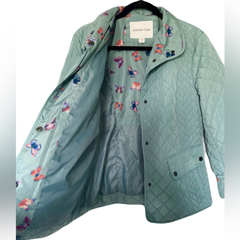 Coldwater Creek Light Teal Quilted Jacket with Multicolor Butterfly Lining